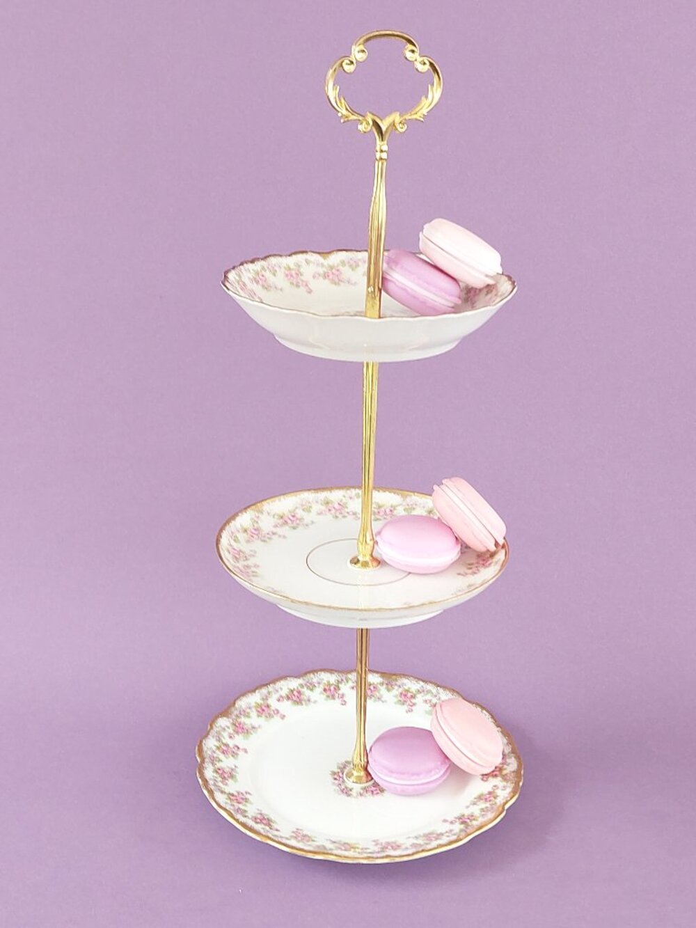 Limoges Elite Works Small 3 Tier Cake Stand Mini Pink Floral Dessert Tower